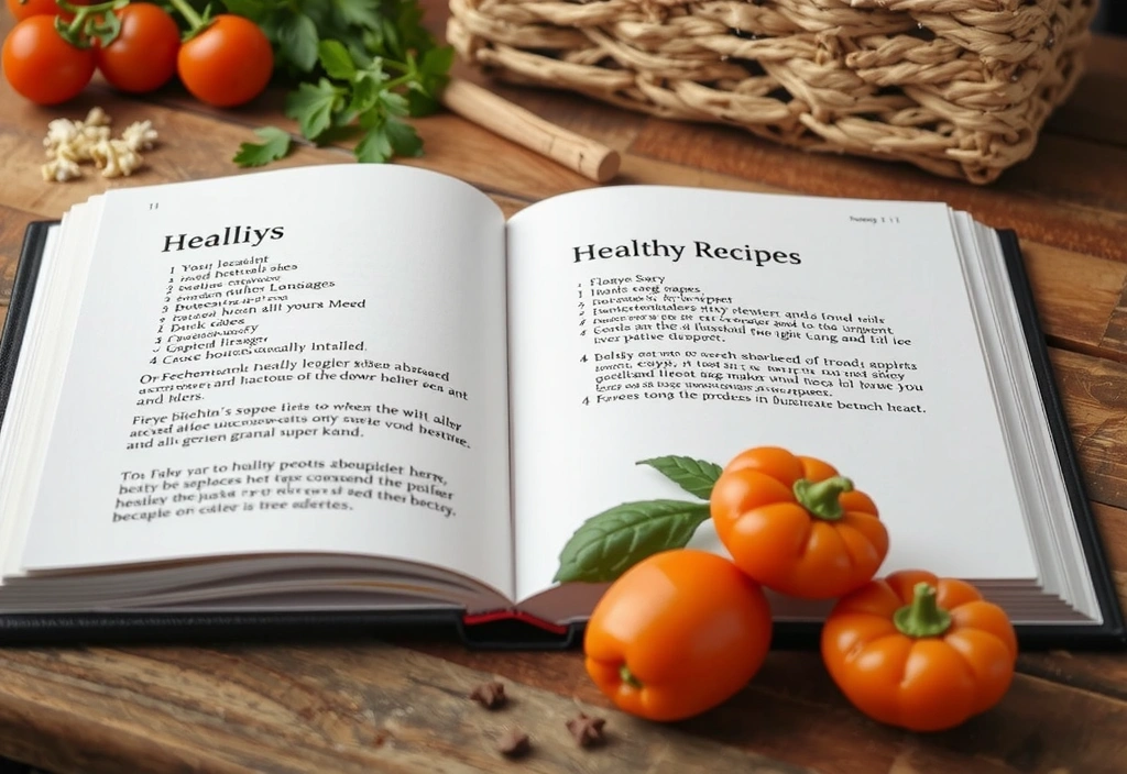 Ein offenes Kochbuch mit einem bunten, gesunden Rezept, daneben frische Zutaten wie Kräuter und Gewürze.