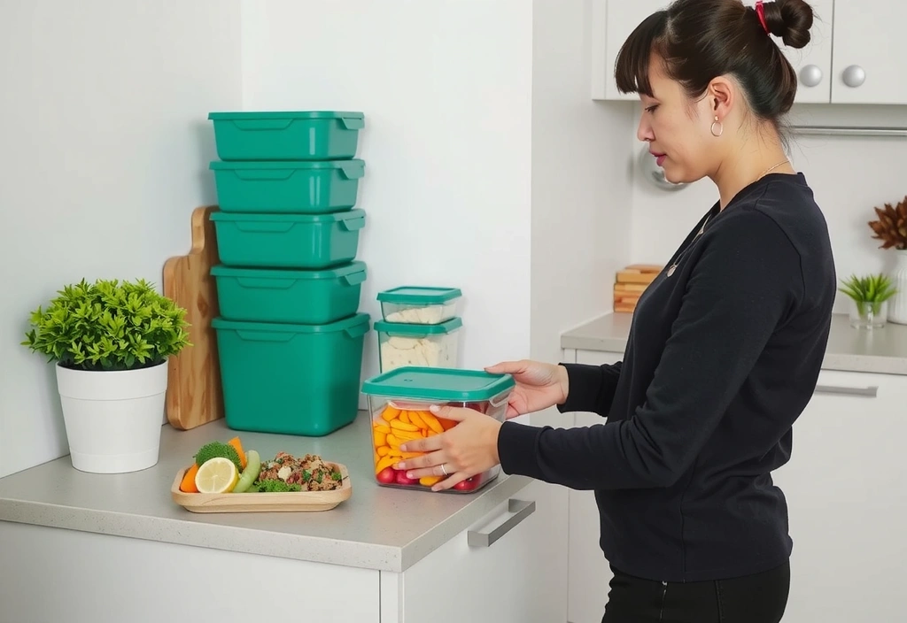 Eine Person sortiert vorbereitete Mahlzeiten in wiederverwendbare Behälter in einer organisierten Küche.