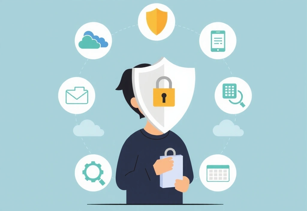 Datenschutz-Illustration: Eine Person schützt digitale Daten mit einem Schild und Vorhängeschloss, umgeben von Icons für Privatsphäre und Sicherheit.
