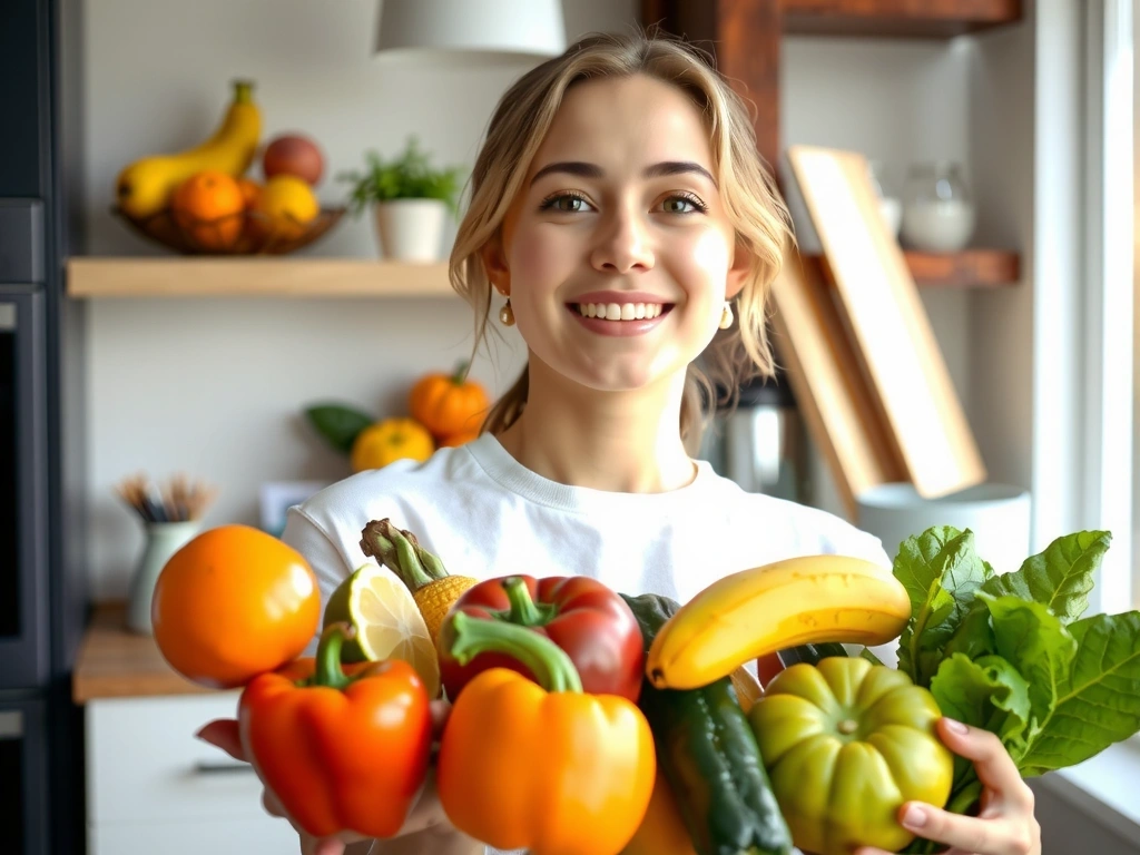 Eine lächelnde Frau, die frisches Obst und Gemüse hält und Glück ausstrahlt
